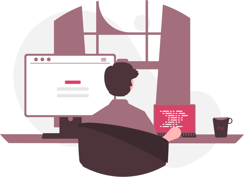 Illustration d'un développeur travaillant sur un projet web avec un ordinateur et du code.